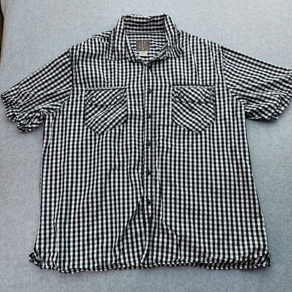 GLB Gold Label Brand Short Sleeve Black‎ White  Plaid Button Up Mens 2XL